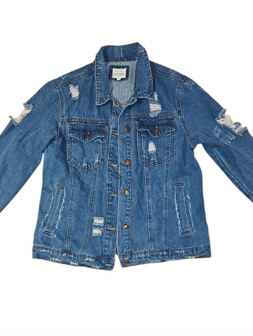 Wax Jean Med. Blue Denim Jacket, Frayed, 90s Retro, Sz L